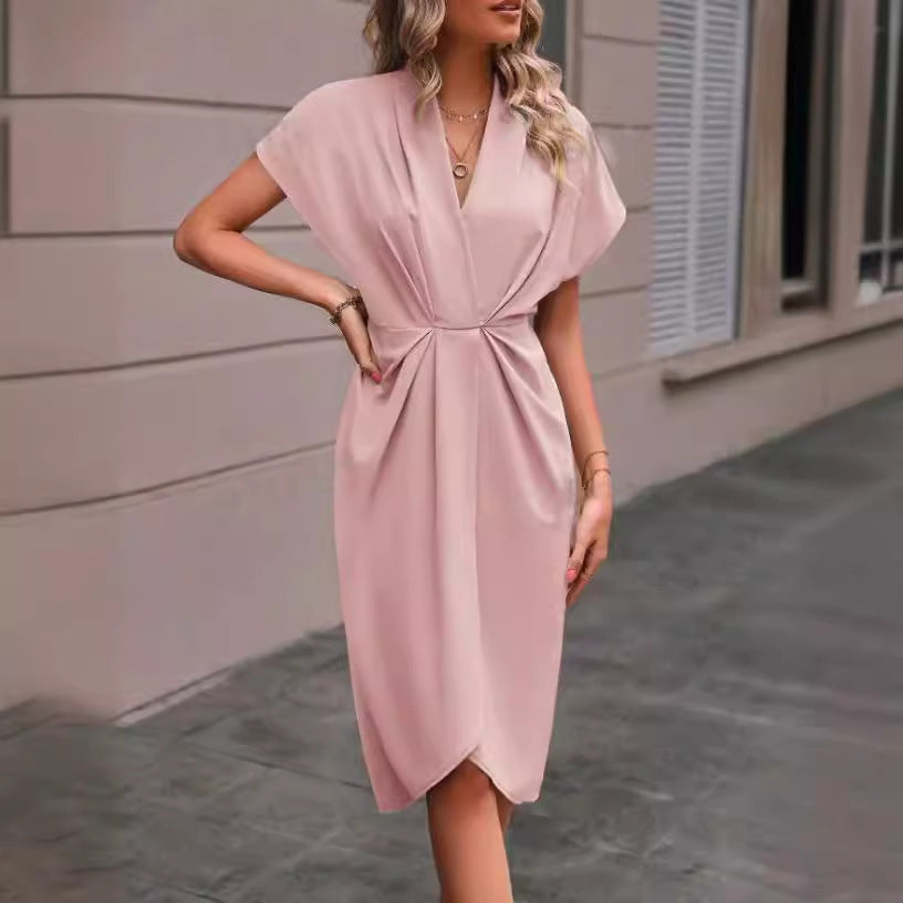 Summer Batwing Sleeve Dress - Stylish V-neck Pleated Short Sleeve Dress for Women