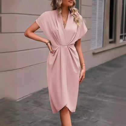 Summer Batwing Sleeve Dress - Stylish V-neck Pleated Short Sleeve Dress for Women