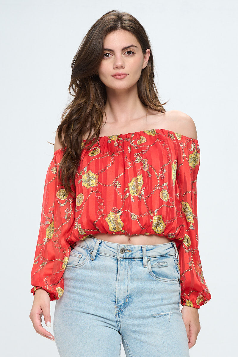Off-Shoulder Printed Crop Top with Long Sleeves | Apparel | Kitchen + Metal