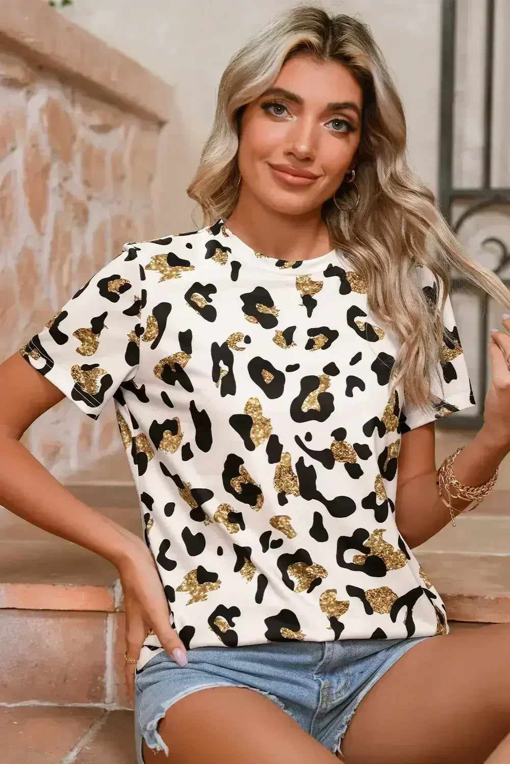 Apricot Leopard Print Round Neck Casual T Shirt