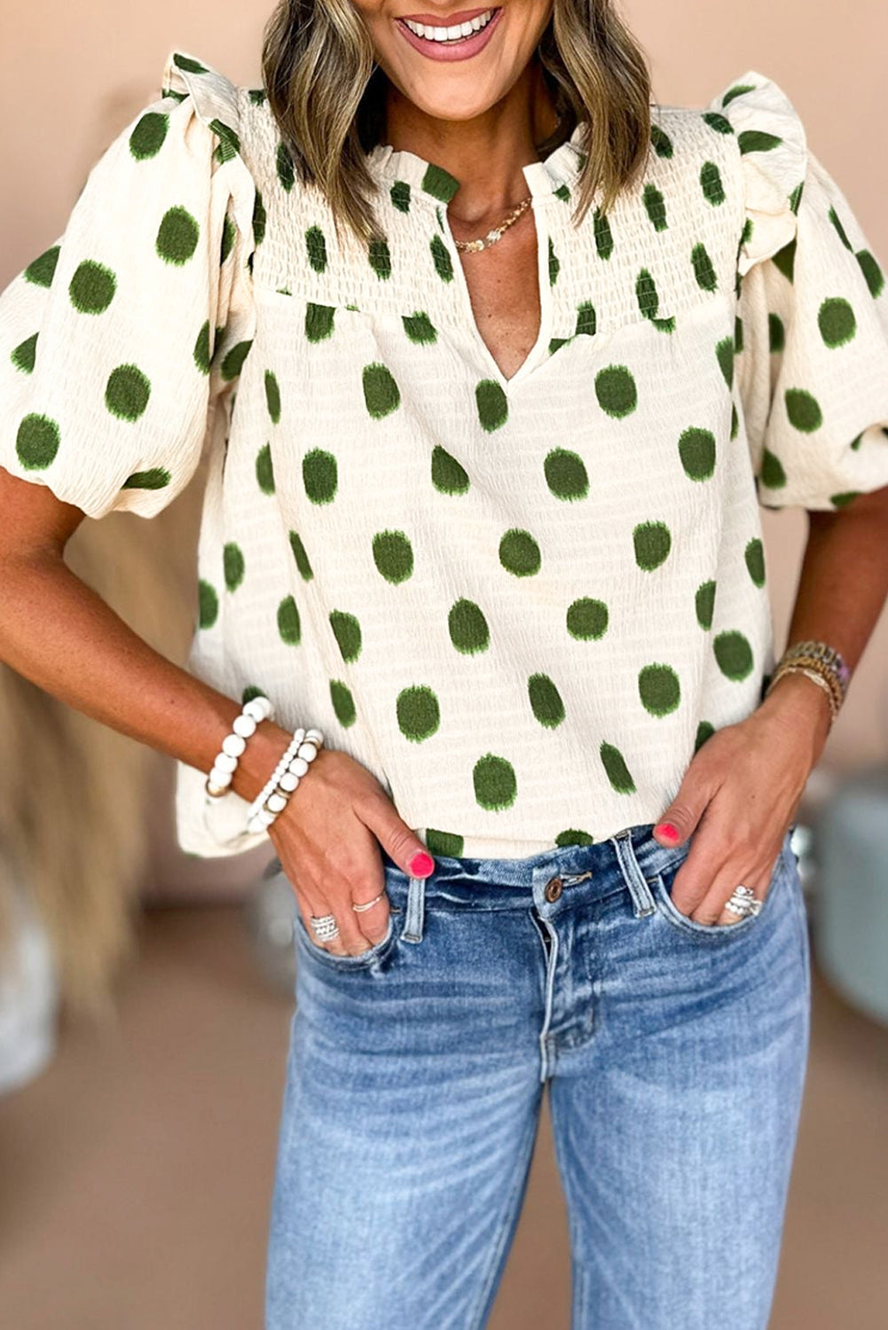 Black Polka Dot Print Smocked Notched Neck Balloon Sleeve Blouse