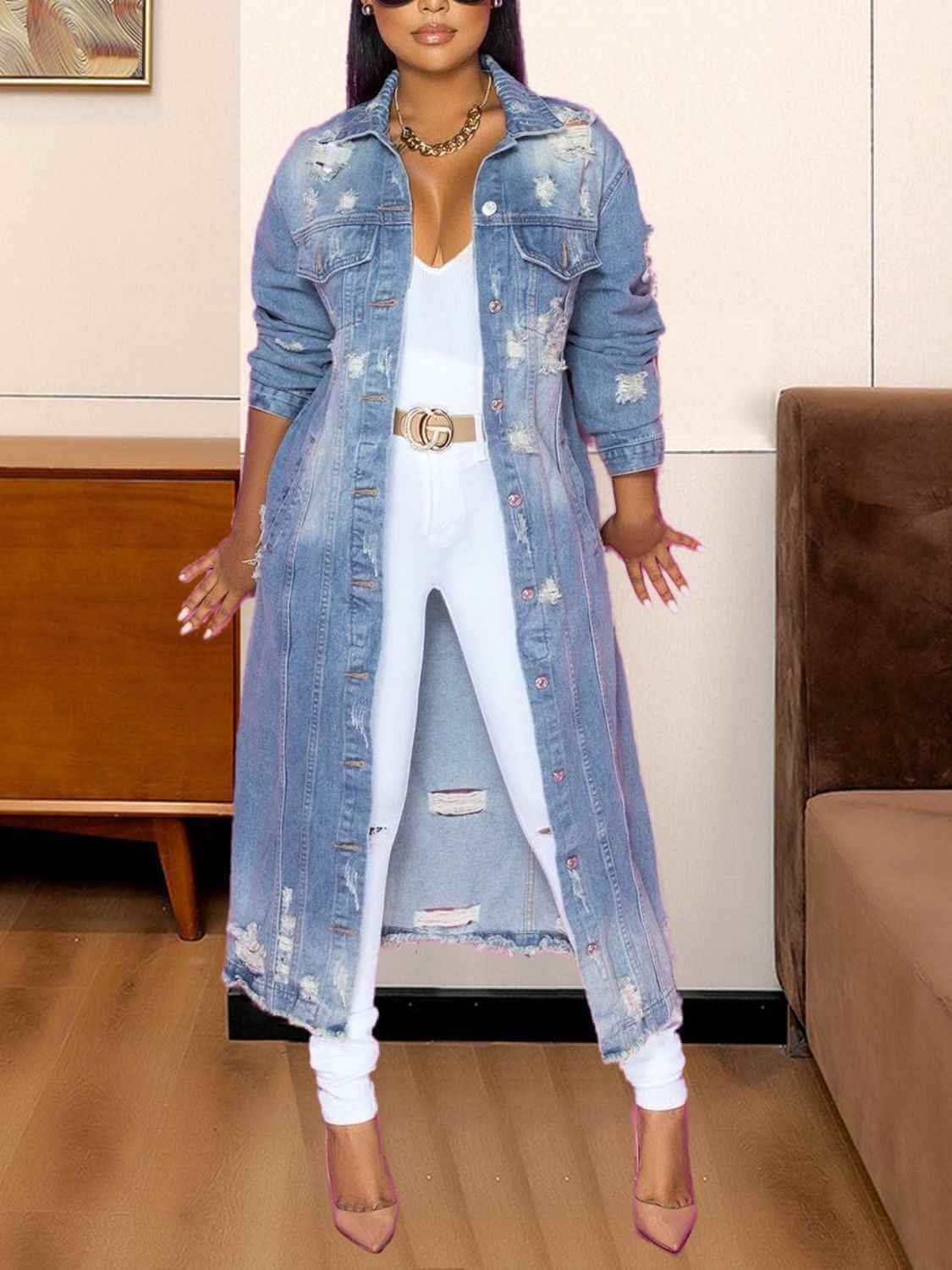 Long Denim Jacket with Long Sleeves