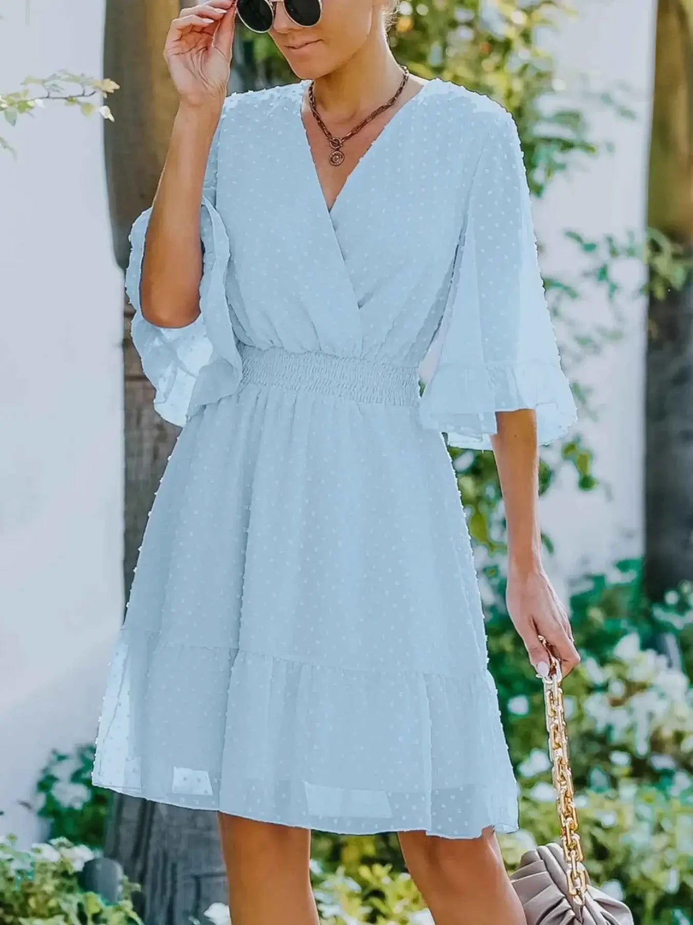 Swiss Dot Dress with Flare Sleeves - Mini Wrap Style