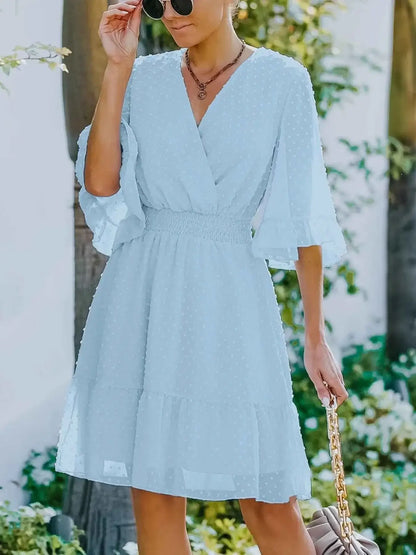 Swiss Dot Dress with Flare Sleeves - Mini Wrap Style