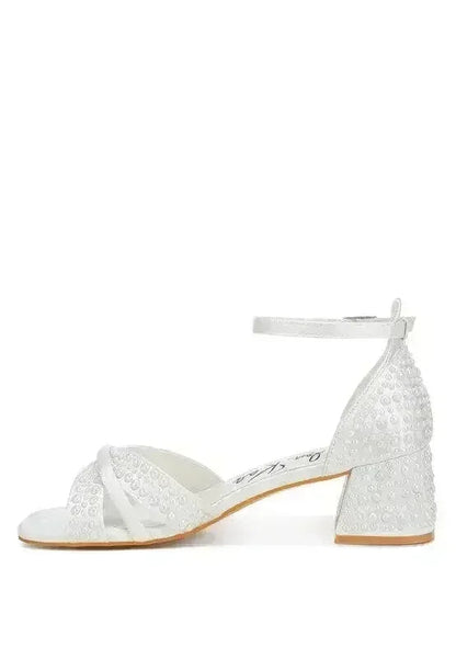 Pearl Bridal Sandals - Low Heel Satin Shoes - Wedding Party Comfort
