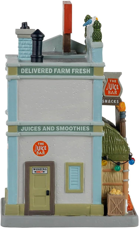 Model of a juice bar with various signs and details on a white background