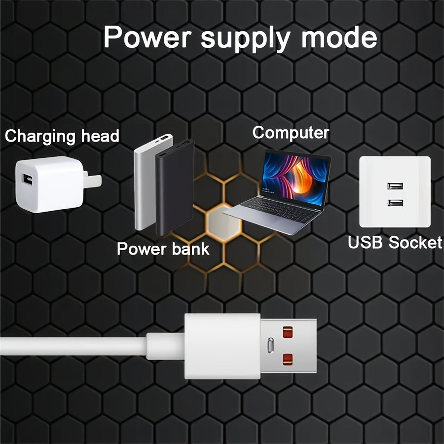 Diagram of power supply mode with charging head, power bank, computer, USB socket on a hexagonal black background.