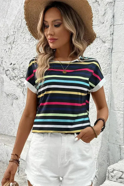 Black Colorful Striped Contrast Edge Crew Neck T Shirt