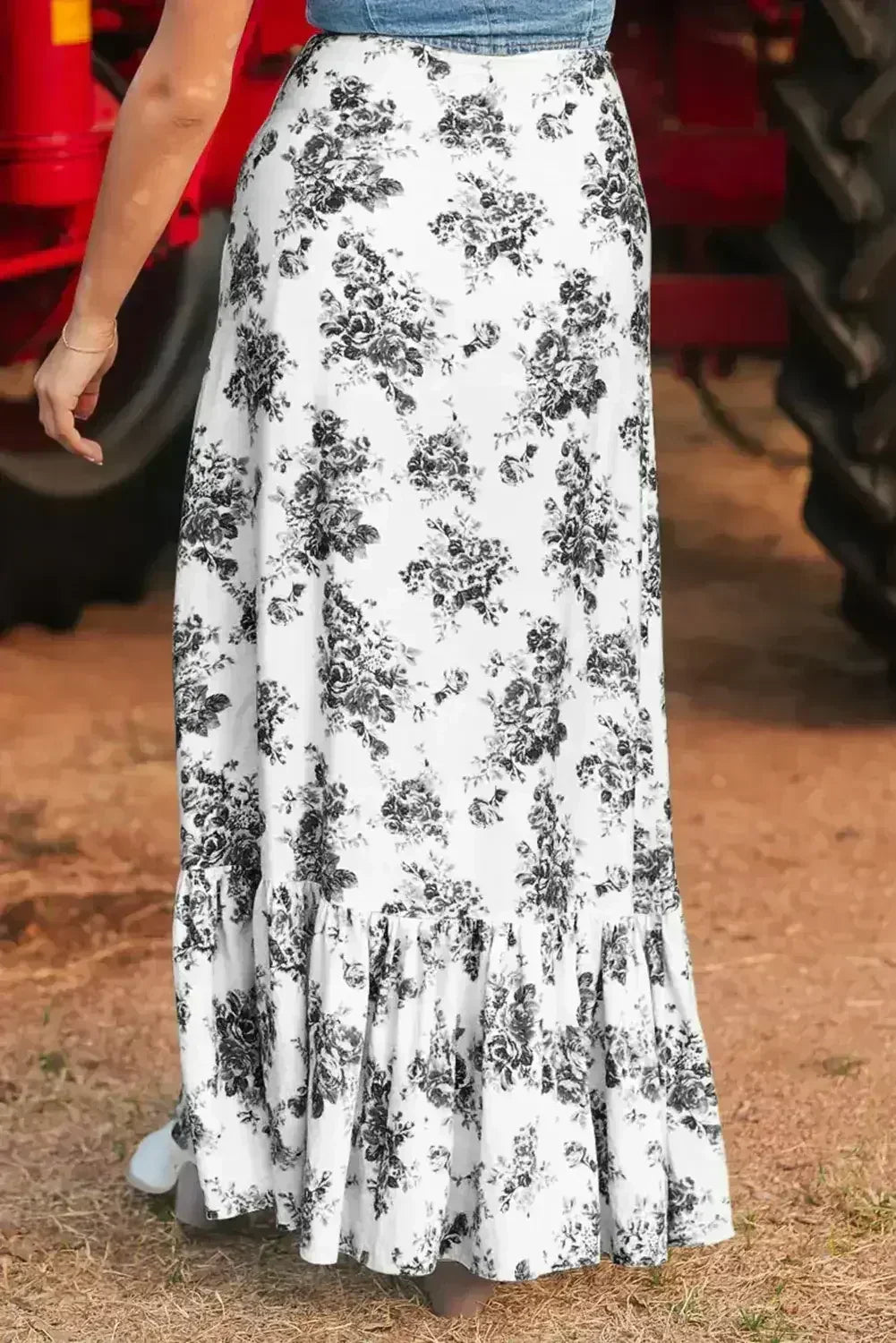 Sky Blue Boho Floral High Waist Ruffle Split Maxi Skirt