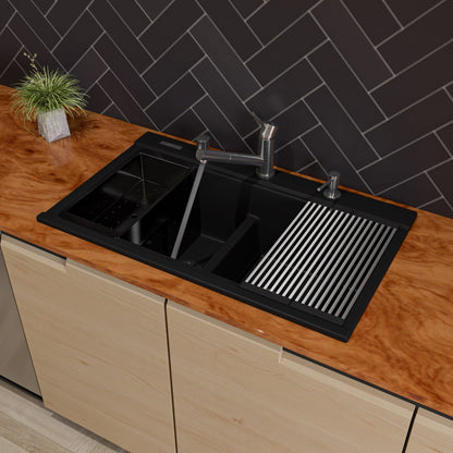 ALFI brand AB3418DBDI 33" Granite Composite Workstation Step Rim Double Bowl Drop In Sink with Accessories