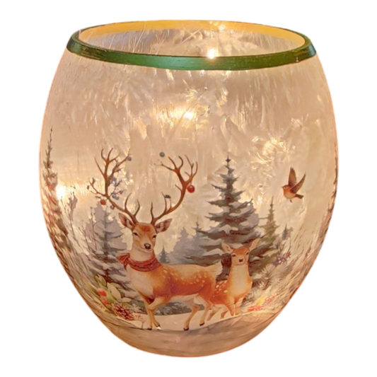 Frosted Glass Luminary Curved Edge - Forest Deer Scene