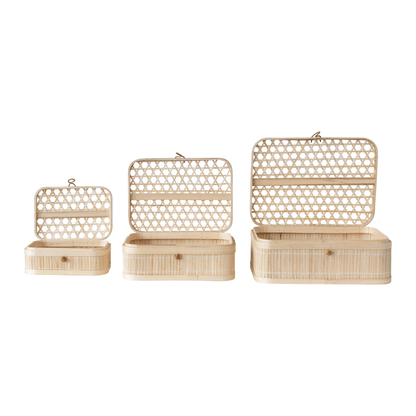 Hand-Woven Bamboo Storage Boxes with Closures, Set of 3