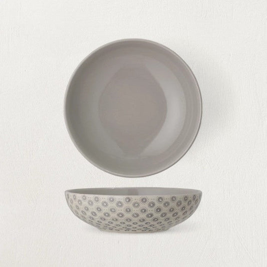 Stoneware Bowl with Grey Hand-Stamped Pattern