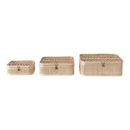 Hand-Woven Bamboo Storage Boxes with Closures, Set of 3