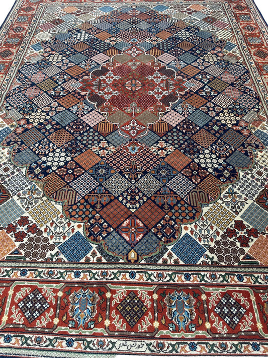 Hand-Knotted Indo-Joshegan Wool Rug – 12'2" x 9'1" – Geometric Medallion Design, Rich Warm Palette