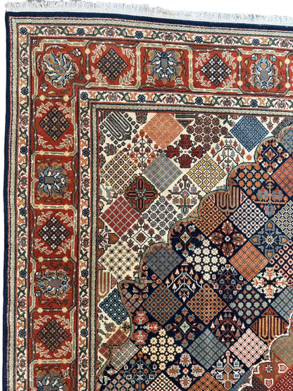 Hand-Knotted Indo-Joshegan Wool Rug – 12'2" x 9'1" – Geometric Medallion Design, Rich Warm Palette