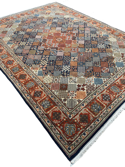 Hand-Knotted Indo-Joshegan Wool Rug – 12'2" x 9'1" – Geometric Medallion Design, Rich Warm Palette