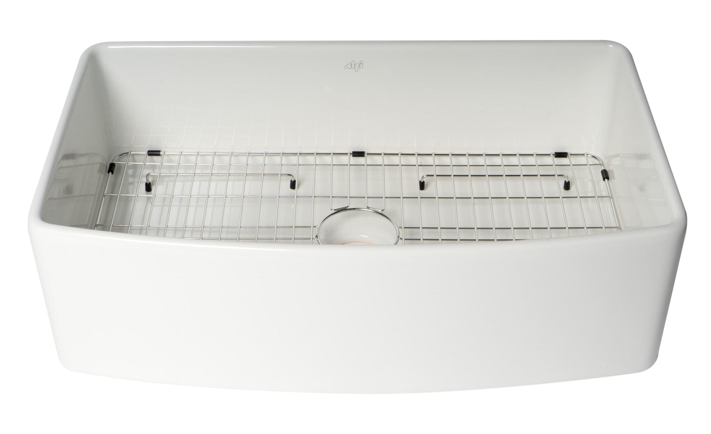 ALFI brand ABFC3320S ABFC3320S-W White Smooth Curved Apron 33" x 20" Single Bowl Fireclay Farm Sink with Grid