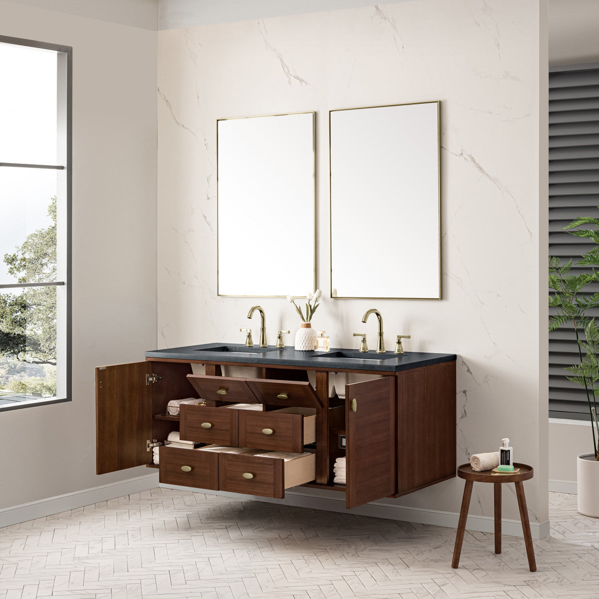 Amberly 60" Double Vanity Cabinet, Mid-Century Walnut