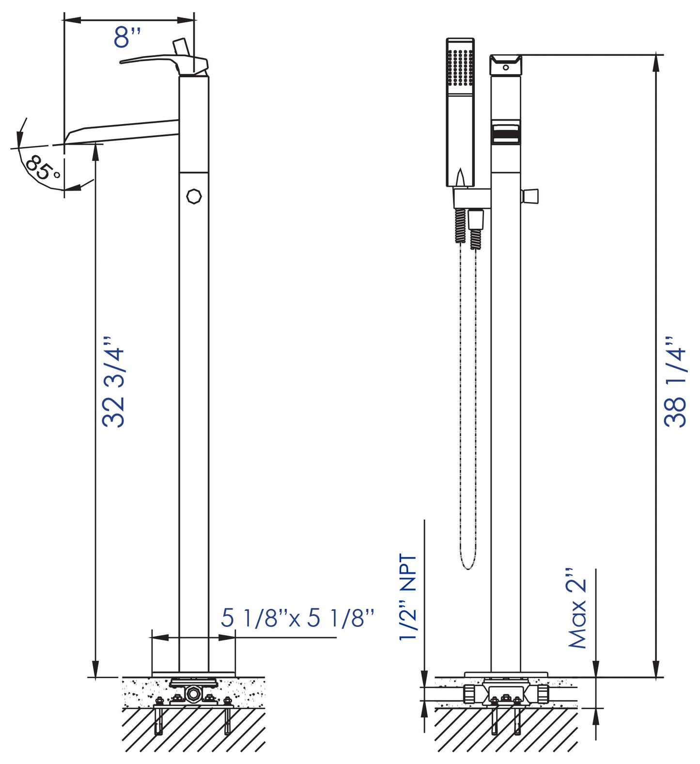 ALFI brand AB2843 Single Hole Floor Mounted Waterfall Tub Filler