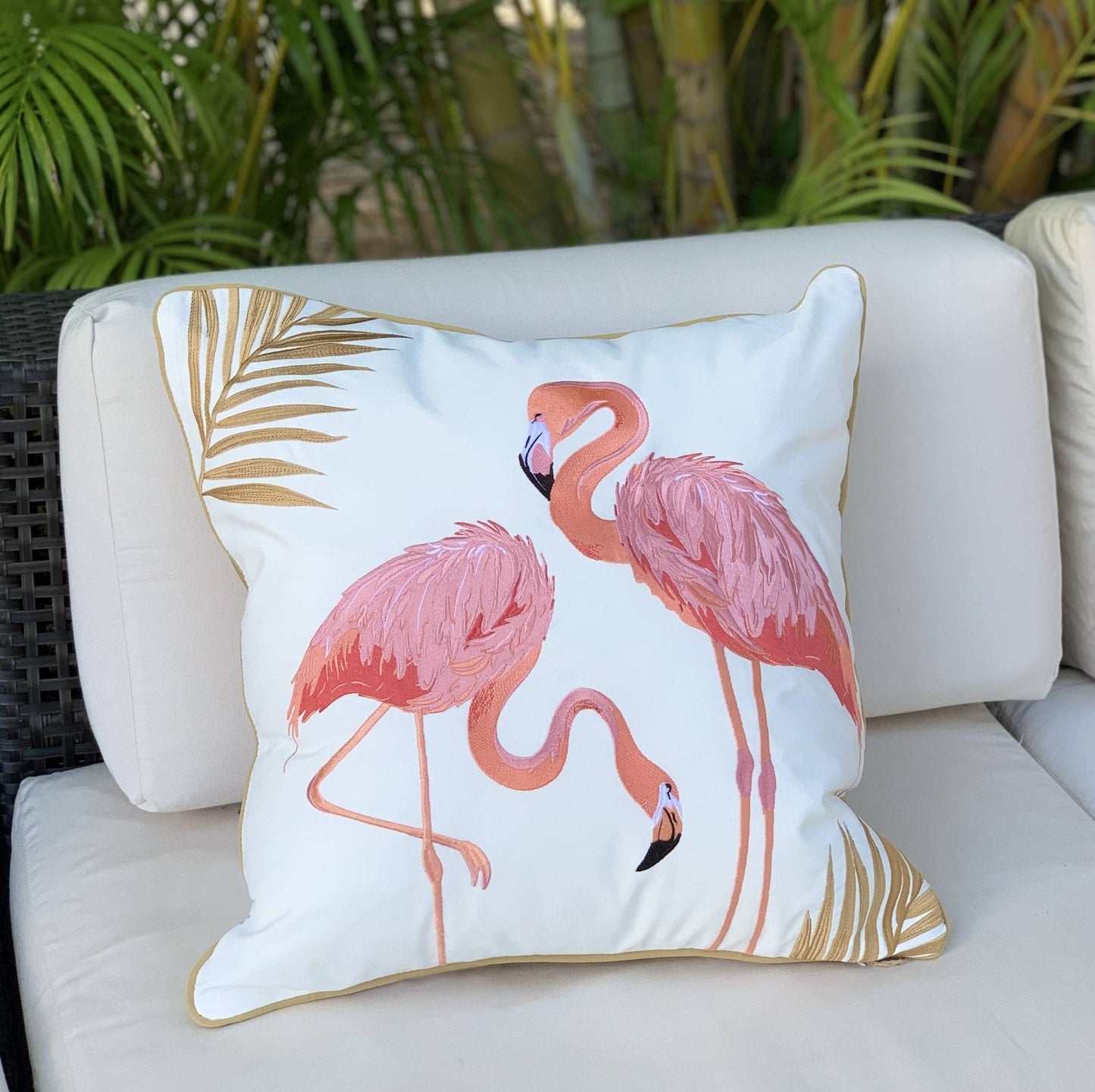 Flamingo Fancy Embroidered Indoor/Outdoor Pillow