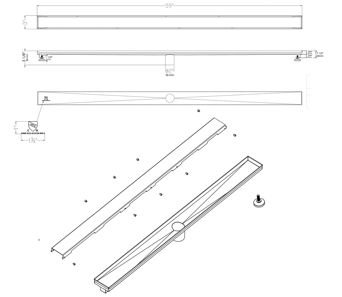 ALFI brand ABLD59B Linear Shower Drain with Solid Cover
