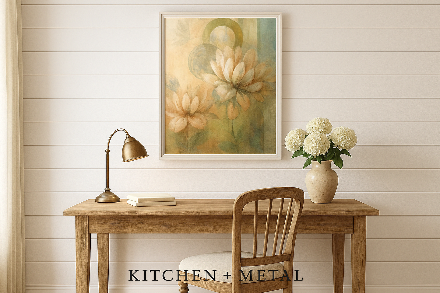 Floral Wall Art in Kitchen + Metal Home Office Setting