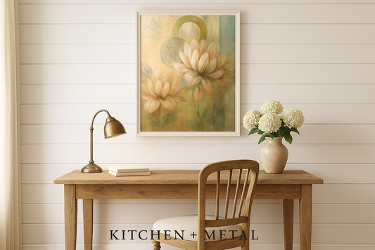Floral Wall Art in Kitchen + Metal Home Office Setting