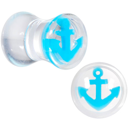 Clear Acrylic Double Flare Turquoise Blue Anchor Saddle Plug Set 6mm to 20mm
