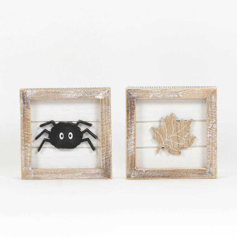 Framed Wooden (Fall & Halloween) Leaf & Spider 5"