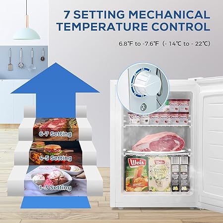 Free Standing Upright Freezer with Removable Shelf, Adjustable Thermostat, Compact Reversible Single Door Vertical Freezers