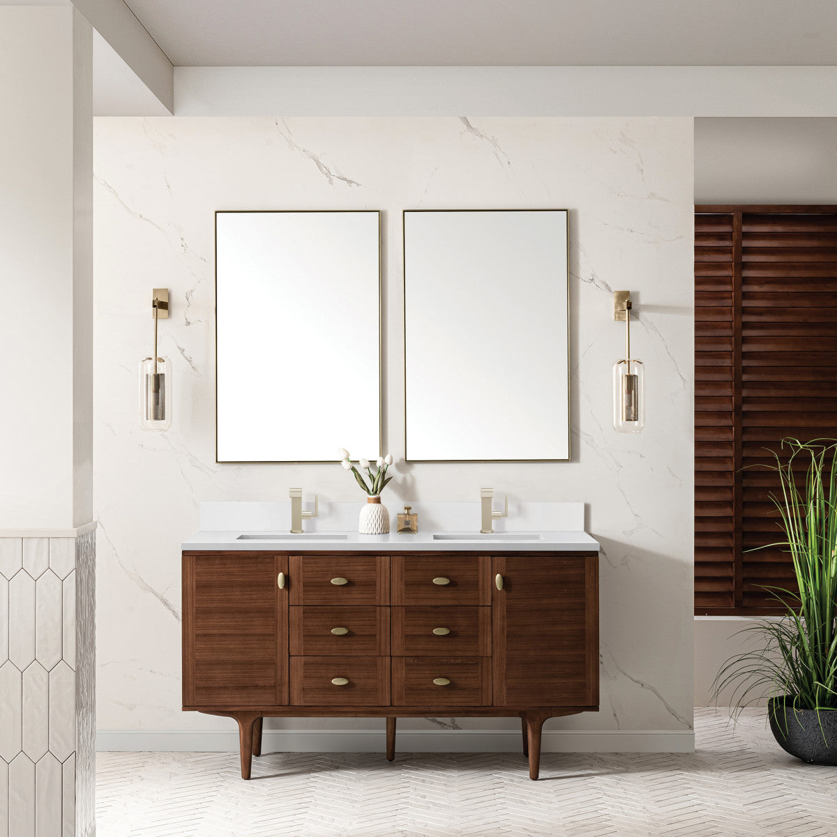 Amberly 60" Double Vanity Cabinet, Mid-Century Walnut