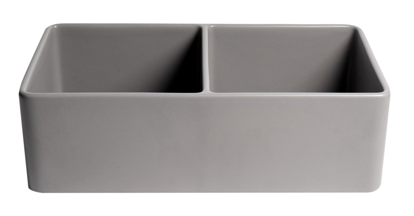 ALFI brand ABF3318D Smooth Apron 33" x 18" Double Bowl Fireclay Farm Sink