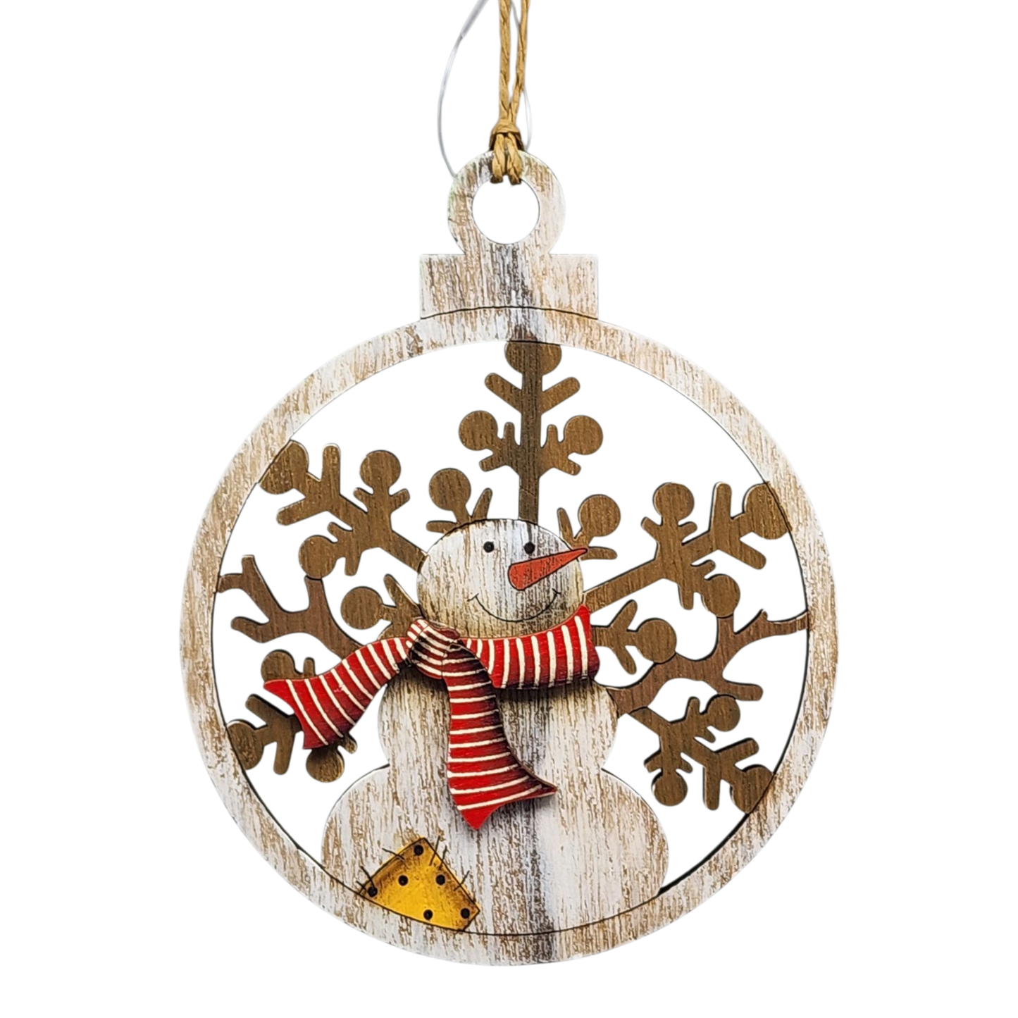 Wooden Ornament - Red Pinstripe Scarf Snowman Ornament