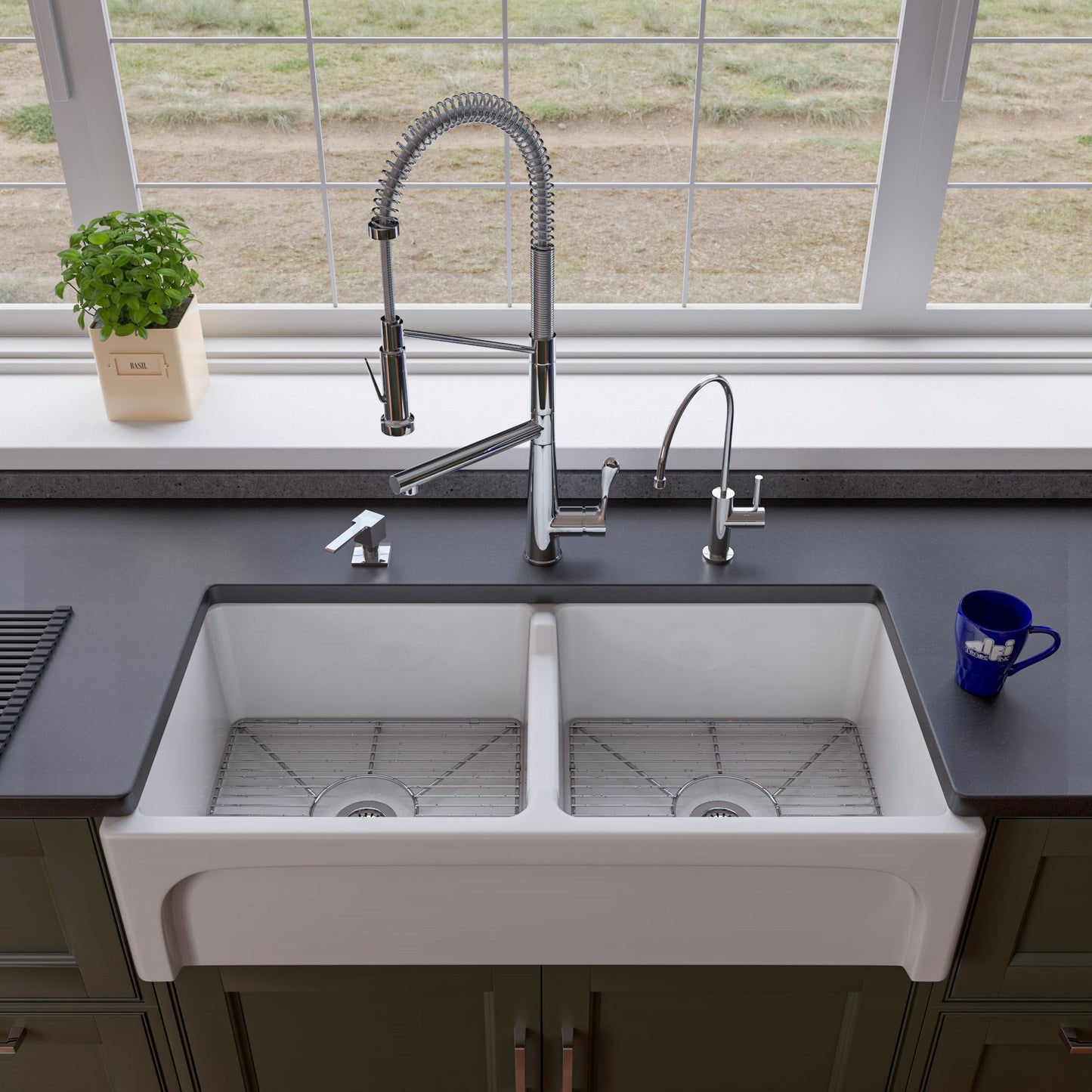 ALFI brand AB3918ARCH Arched Apron Thick Wall Fireclay Double Bowl Farm Sink