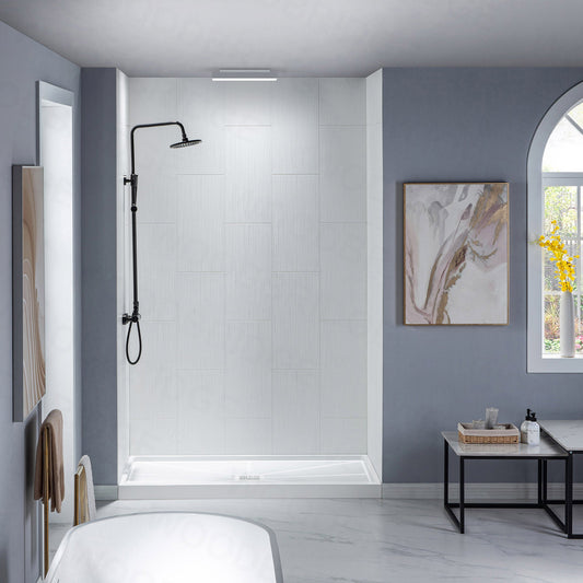 WOODBRIDGE Solid Surface 60" W x 96" H Tile Tub and Shower Wall Panel Surround, Quick Install, Cuttable, Stacked Block in a Staggered Vertical Pattern