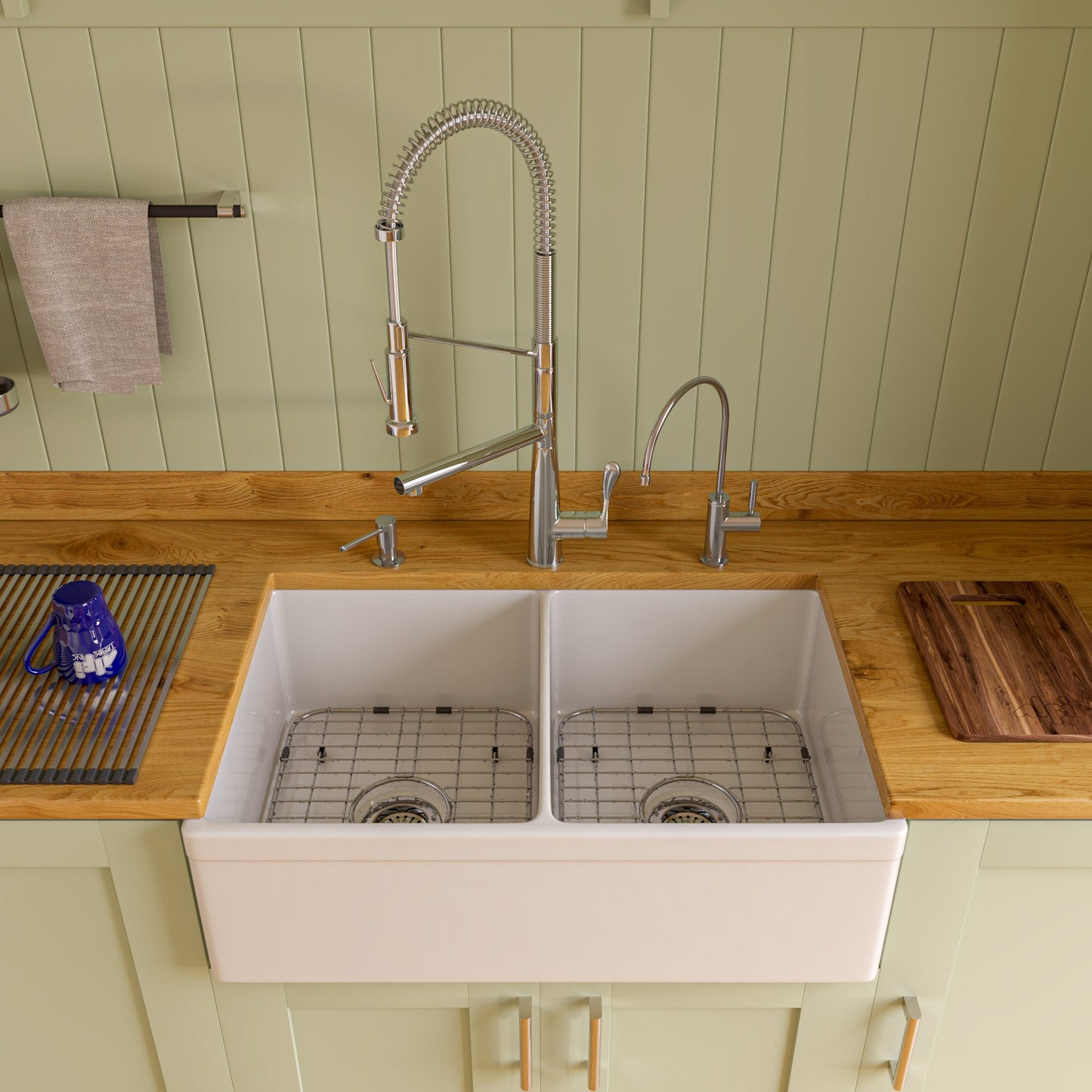 ALFI brand AB539 AB539-W White 32" Decorative Lip Apron Double Bowl Fireclay Farmhouse Kitchen Sink