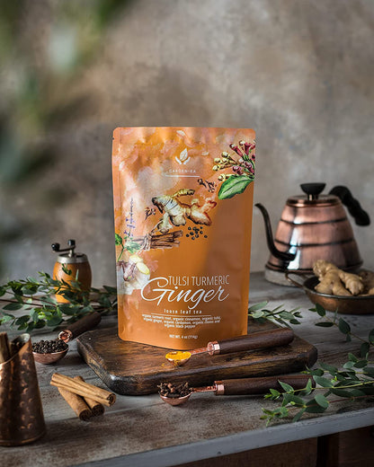 Turmeric Ginger Tulsi Chai Loose Tea, Ayurvedic Anti-Inflammatory Blend - Caffeine Free - 55+ Cups - USDA Organic & Kosher - 4 oz (113g)