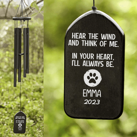 Custom Memorial Gift - Hear The Wind And Think Of Me - Personalized Wind Chimes | Sympathy, Bereavement, Condolence Gift for Pet Loss, Dog & Cat Lover