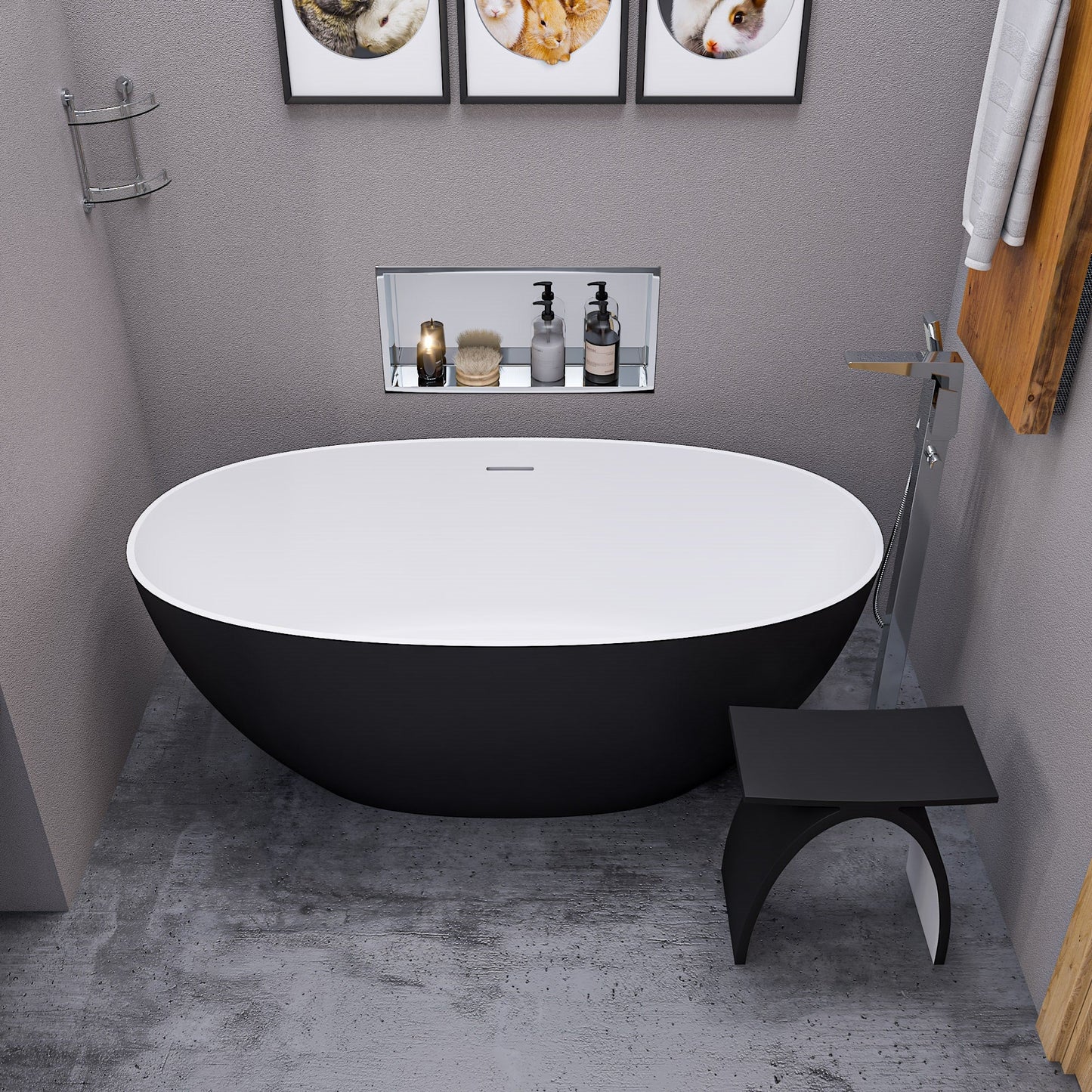 ALFI brand  AB9975BM 59" Black & White Matte Oval Solid Surface Resin Soaking Bathtub