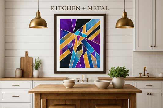 Geometric Abstract Art in Kitchen + Metal Kitchen Setting