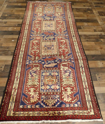 Geometric Meshkin Persian Vintage Runner Rug Handmade Wool Carpet - 4'0"x 10'4"
