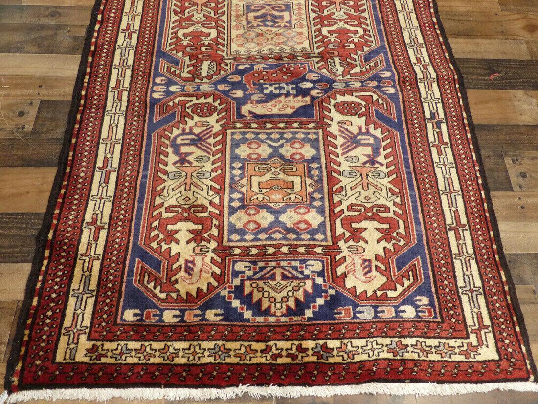 Geometric Meshkin Persian Vintage Runner Rug Handmade Wool Carpet - 4'0"x 10'4"