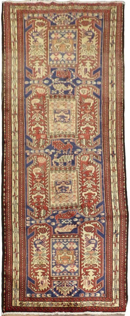 Geometric Meshkin Persian Vintage Runner Rug Handmade Wool Carpet - 4'0"x 10'4"