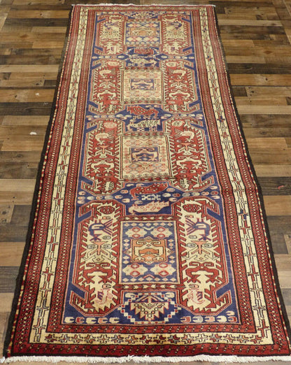 Geometric Meshkin Persian Vintage Runner Rug Handmade Wool Carpet - 4'0"x 10'4"