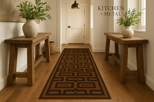 Geometric Pattern Runner in Kitchen + Metal Hallway Setting