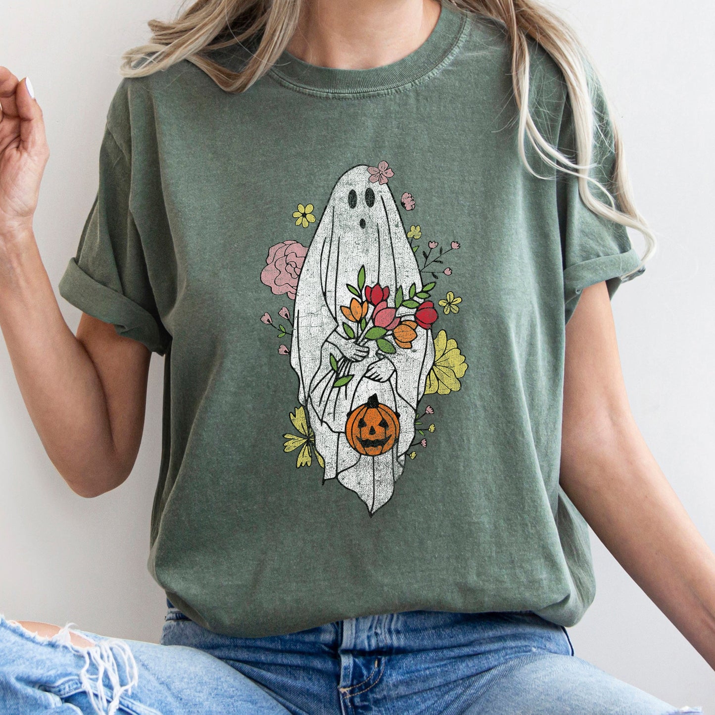 Ghost with Flowers Retro Halloween Comfort Colors Tshirt