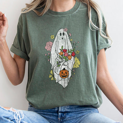 Ghost with Flowers Retro Halloween Comfort Colors Tshirt