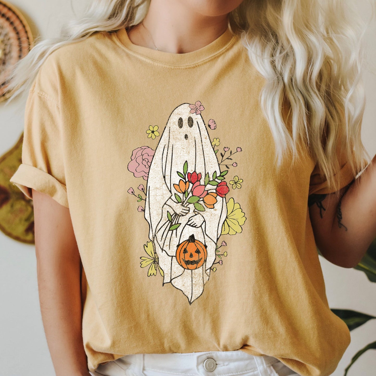 Ghost with Flowers Retro Halloween Comfort Colors Tshirt