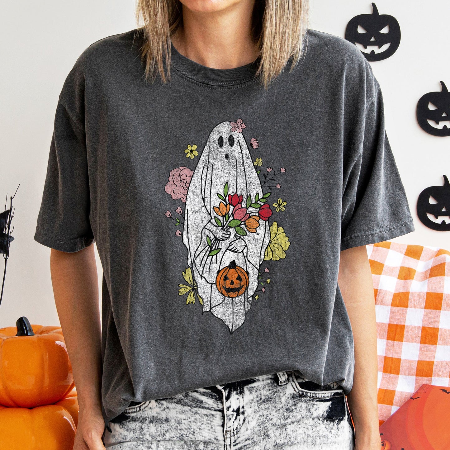Ghost with Flowers Retro Halloween Comfort Colors Tshirt